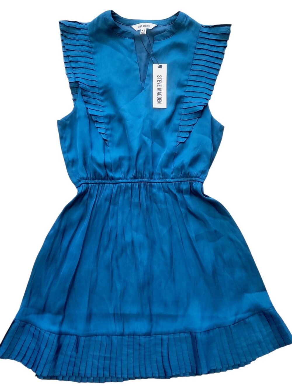 NWT Steve Madden Womens Teal Pleated Ruffle Sleeveless Mini Dress Size XS Party